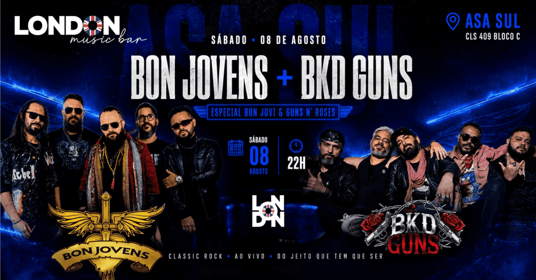 Cartaz de Bon Jovi e Guns N' Roses com as bandas Bon Jovens + BKD Guns